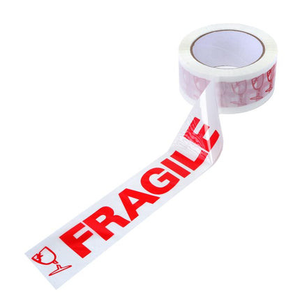 Fragile packing tape with red FRAGILE lettering on white tape strip