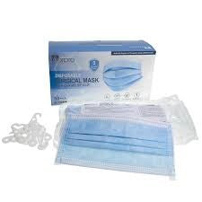 Blue disposable surgical face masks with pleats and ear loops