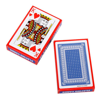 Two plastic playing card decks, one with King of hearts face and one blue patterned back