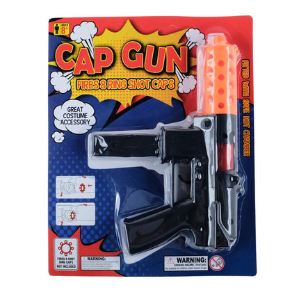 Cap gun toy in retail box, black handgun style with orange barrel cartridge