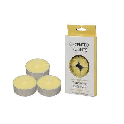 8 pack scented tealight candles with yellow wax, round silver holders and box