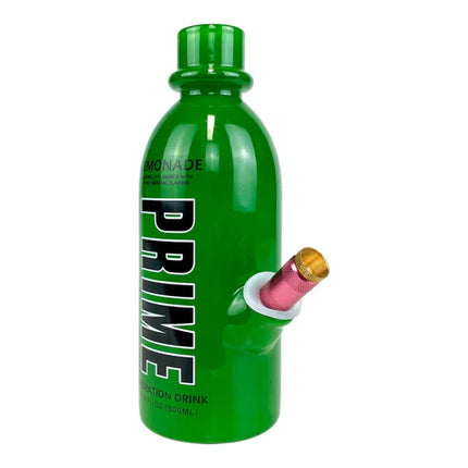 Green Prime water bottle with ridged cap and squeeze spout, hydration drink label.
