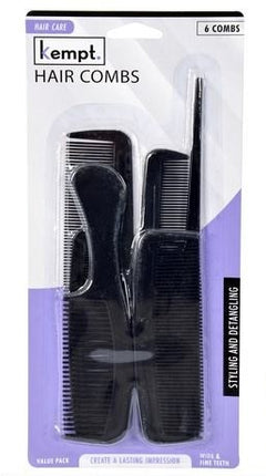 Black hair comb set in package, 6 assorted combs with fine and wide teeth