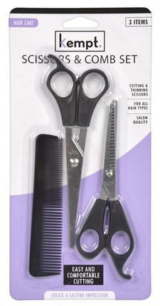 3-piece hairdressing scissors and comb set with thinning & cutting shears, black comb