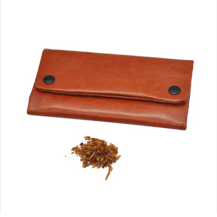 Leatherette tobacco pouch with long flap and two black snap buttons, rust orange