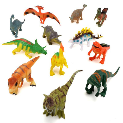 Assorted dinosaur animal figurines, multicolored set of 12 figures on white