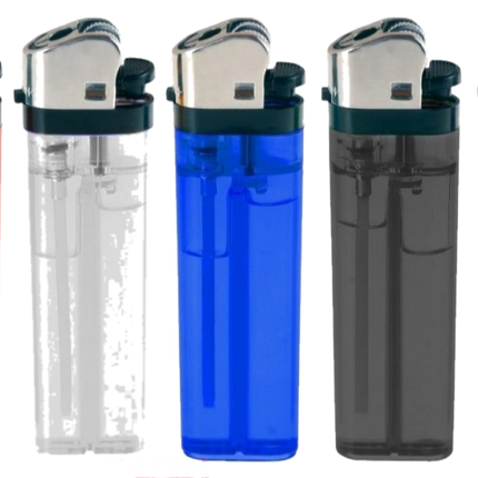 Assorted flint lighters with transparent bodies in red, white, blue, gray, purple