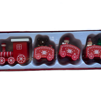 Wooden Christmas train set in gift box tray, Santa and tree carriages