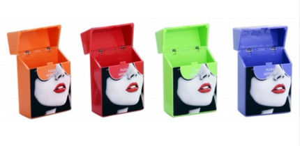 Plastic cigarette boxes with ladies face design, open set in orange, red, green, blue