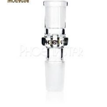 White glass adaptor with black metal coupler and clear top fitting, front view