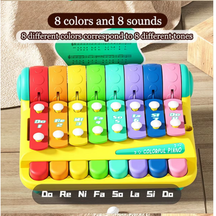 Rainbow xylophone music toy showing eight color bars with tone chart and mallet