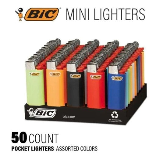 Assorted BIC mini pocket lighters in display tray, 50-count with colored casings
