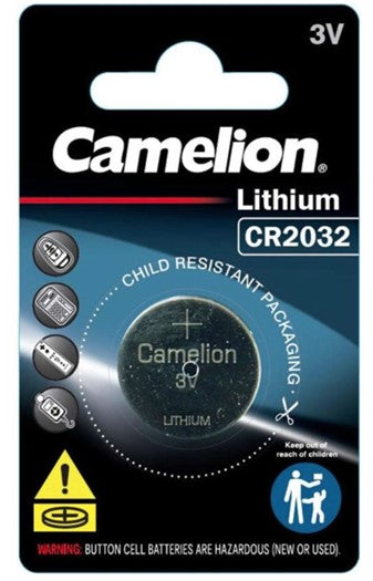 Camelion CR2032 lithium 3V child-resistant battery blister card with icons