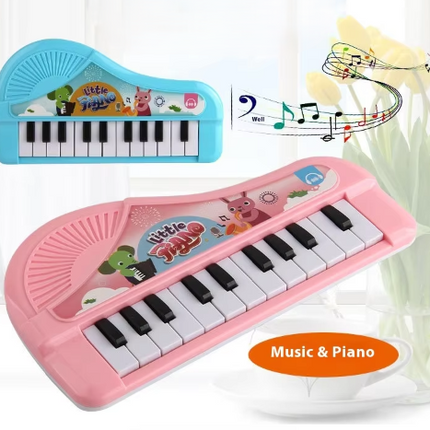 Toy electronic keyboard with 25 keys, blue and pink, animal graphic panel