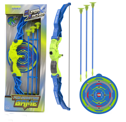 Child bow and arrow toy set with blue bow, neon green arrows, round target