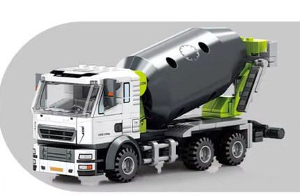 White and green mini concrete mixer truck blocks with tilting silver mixing drum