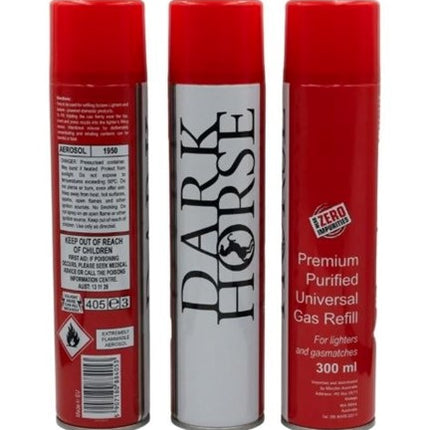 Dark Horse butane gas canisters, three-pack view with front, side logo, and refill label