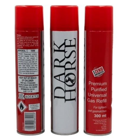 Dark Horse butane gas canisters, three-pack view with front, side logo, and refill label