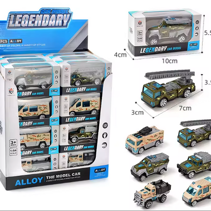 Assorted die-cast emergency vehicles set with camouflage and dark green models in box