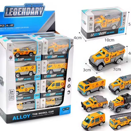 Assorted die-cast emergency vehicles set with orange and yellow models in box