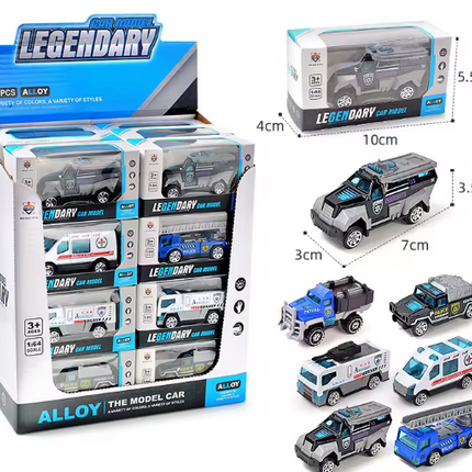 Assorted die-cast emergency vehicles set with gray and blue models in box