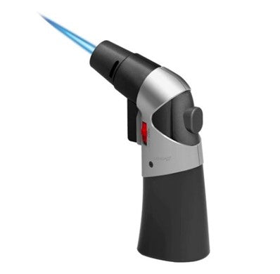 Jet lighter close-up, silver top and black body, red ignition window