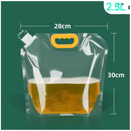 Clear 2.5L reusable liquid bag with orange handle and white spout cap