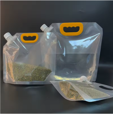 Reusable foldable liquid bags with spouts, clear pouches and yellow carry handles.