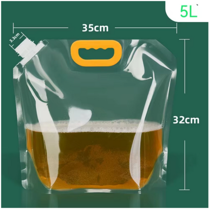 5L reusable foldable liquid bag with spout, clear pouch and yellow carry handle.