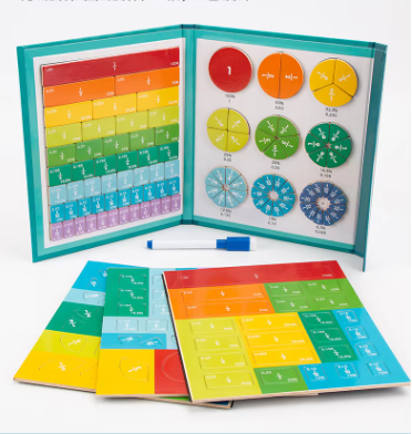 Magnetic fractions learning book open, colored fraction grid and matching number circles