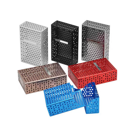 Perforated plastic cigarette case set with silver, black, red, and blue boxes