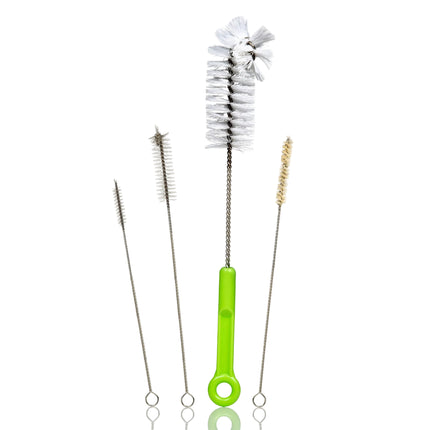 Water pipe cleaning brush set with green handle and metal-loop bristle heads, white/yellow