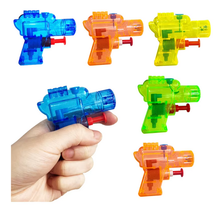 Plastic water toy gun set: translucent blue, orange, yellow, and green water guns