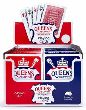 Queens Slipper playing card boxes in red and blue with Queen's high quality design