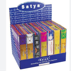 Satya incense display cube with 84 rectangular incense boxes, blue and yellow packaging