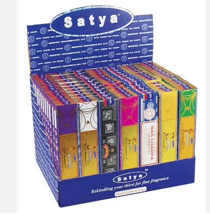 Satya incense display cube with 84 rectangular incense boxes, blue and yellow packaging