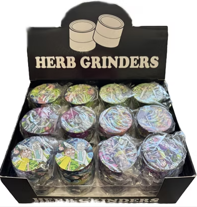 Zinc grinder display box with 'HERB GRINDERS' header and wrapped round tins