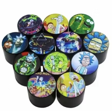 Set of round illustrated zinc grinders in black bases, assorted Rick and Morty designs