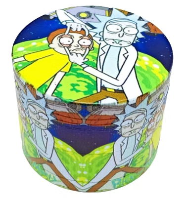 Round illustrated zinc grinder with Rick and Morty artwork, colorful cartoon characters