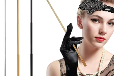 Set of telescopic cigarette holders: gold, silver, and black tubes with black gloves