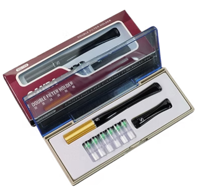 Double filter cigarette holder set in maroon and gold case with black holders and filter tips
