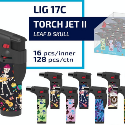 Assorted jet lighter set of 16, black with colorful graphic panels and red button.