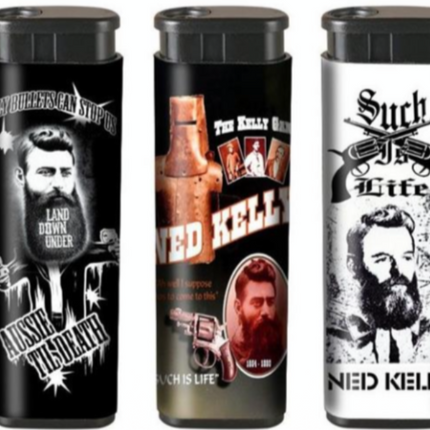 Jet lighter display tray with five printed metal lighters, assorted portraits and designs