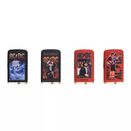 Assorted AC/DC graphic jet lighters, four designs lined in a display tray