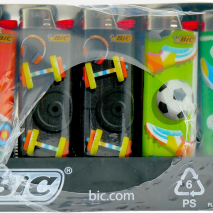BIC J26 sport lighters with soccer and ball graphics in clear tray, close-up