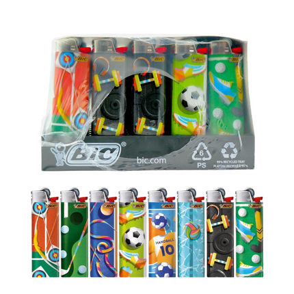 Assorted BIC J26 sport design lighters in clear tray with colorful graphics