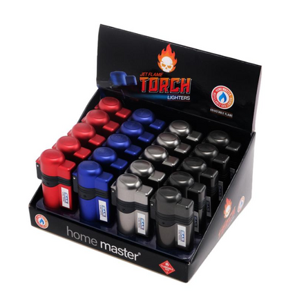 Jet-flame torch lighter set display box showing red, blue, and silver lighters