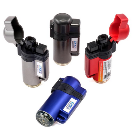 Assorted refillable mini jet flame lighters in blue, gray, and red, with nozzles