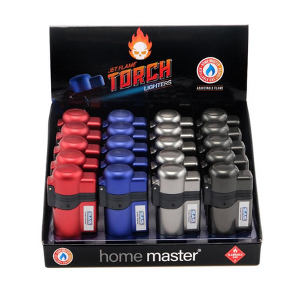 Jet-flame torch lighter set in box with red, blue, and gray lighters