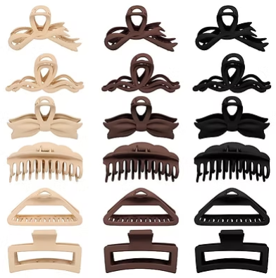 Assorted claw hair clips in beige, brown, and black with prongs and comb teeth